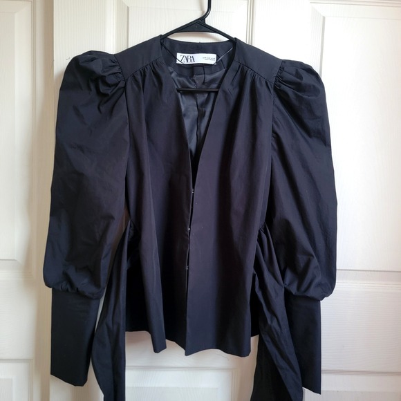 NWOT Zara Black Cotton Poplin Puff Sleeve Self-Tie Bow V-Neck Top Jacket Medium - Picture 4 of 14